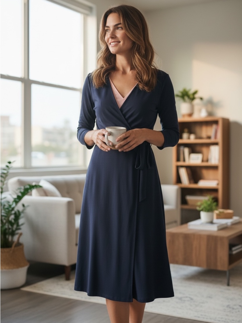 Ann Taylor Navy Wrap Robe with Pink Trim